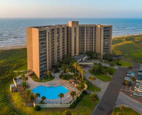 Aerial view of Sandpiper Condos and the ocean